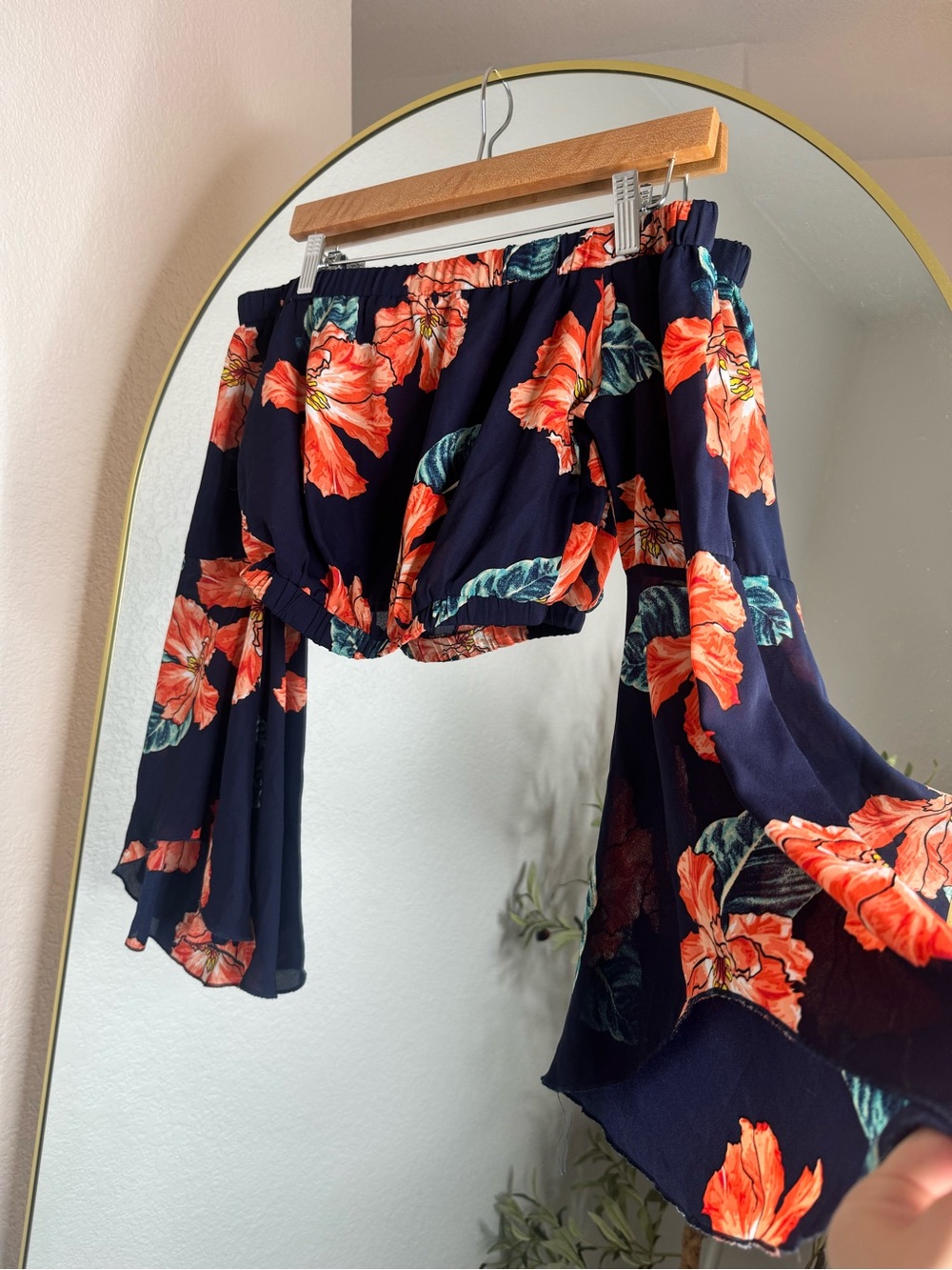 Floral Off-Shoulder Crop Blouse - Navy with Coral Floral